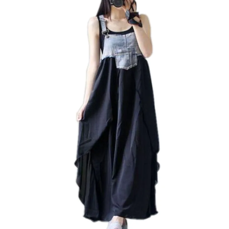 2023 new Women Summer Braces Dress Denim Chiffon Patchwork Maxi Dress Asymmetrical Bottom High Waist Loose Casual Beach Dress