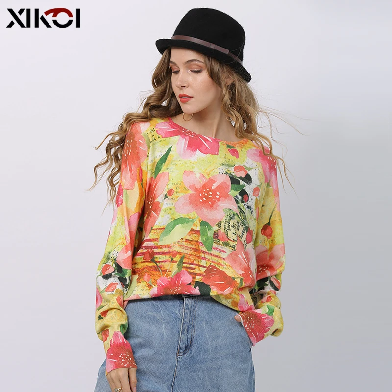 XIKOI Fashion Pink Flowers Print Sweater For Women Winter Long Sweater Oversized Pullovers Casual Knitted Plus Size Jumper Top