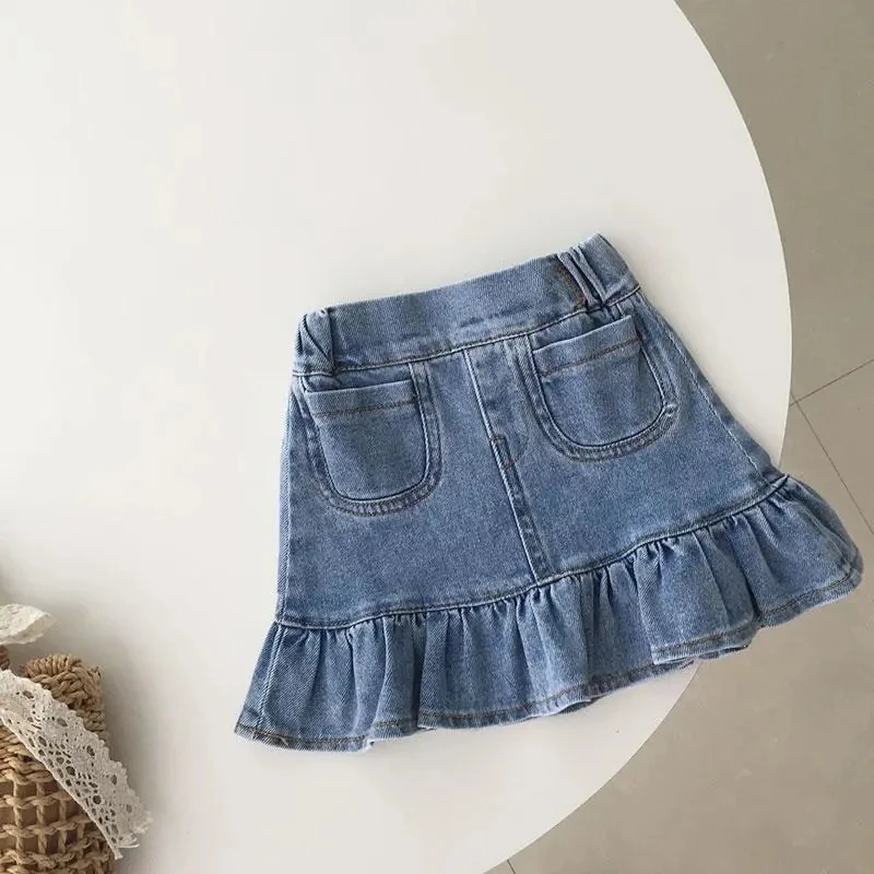 Girls Baby Summer Half-length Denim Skirt Set Children\'s Bag Hip Skirt Fishtail Skirt Short-sleeved T-shirt Two-piece Set