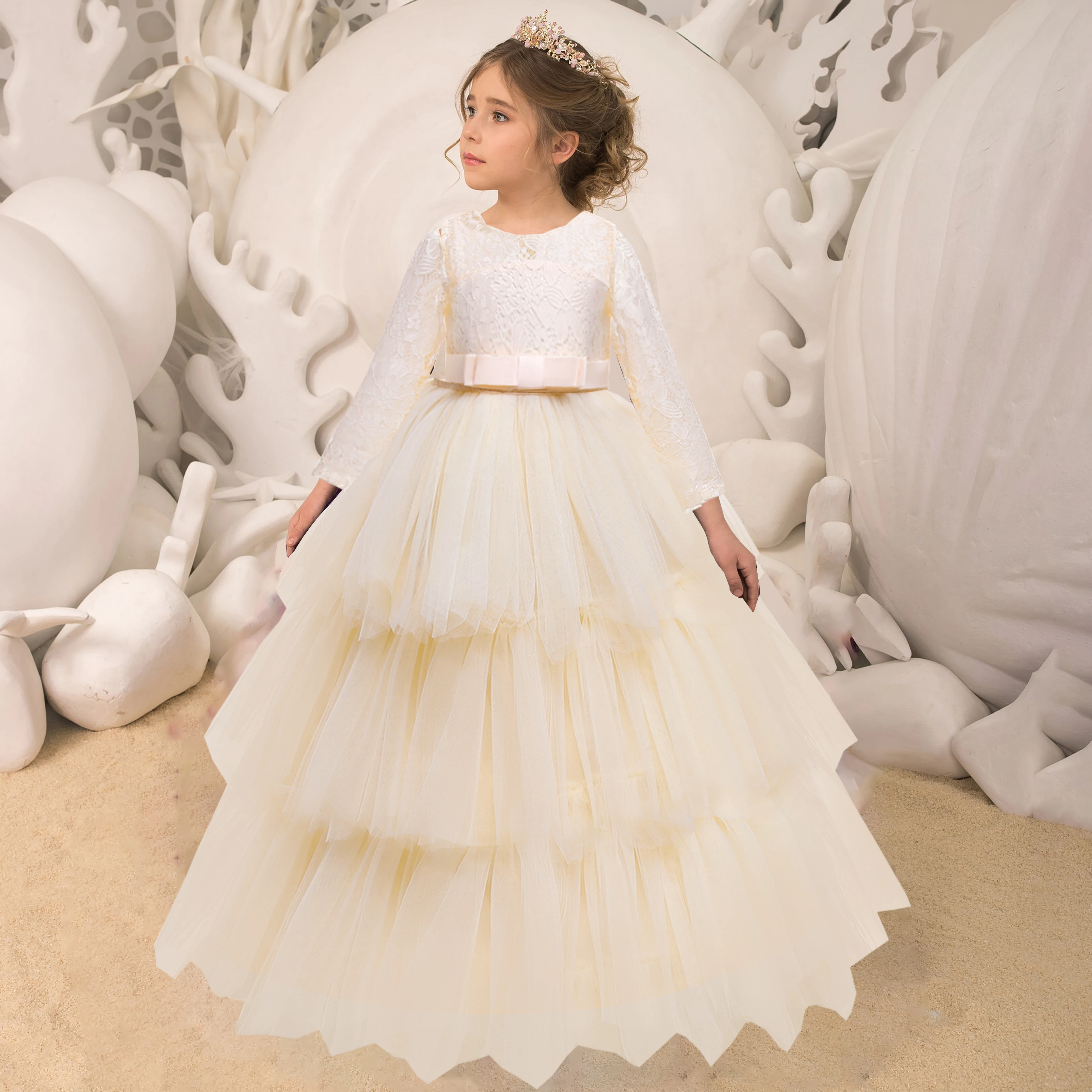 Robe de demoiselle d'honneur blanche en dentelle gâteau formel pour filles, robe de princesse à manches longues pour fête de mariage, robe de concours, Costume pour enfants de 14 ans