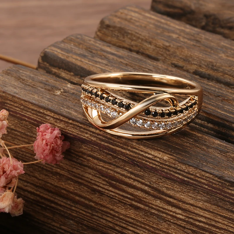 Kinel New Ring 585 Rose Gold With Black Natural Zircon Fashion Waves Rings for Women High Quality Daily Fine Vintage Jewelry