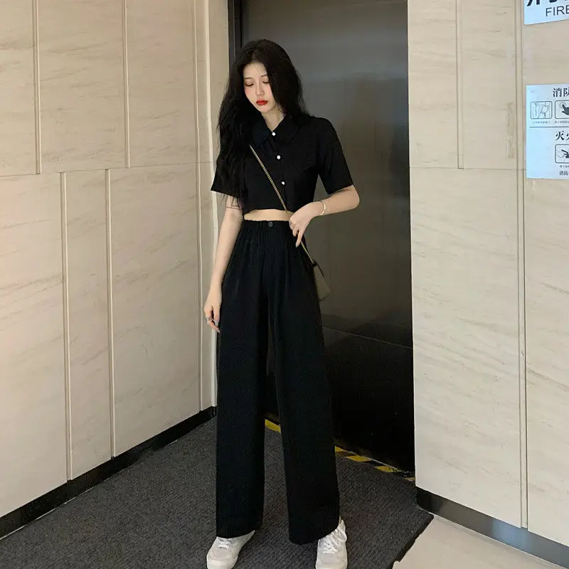 Black Pants Sets Summer Elegant Casual Fashion T-shirts Crop Tops Ladies OL High Waist Straight Trousers Baggy All-match Outfit