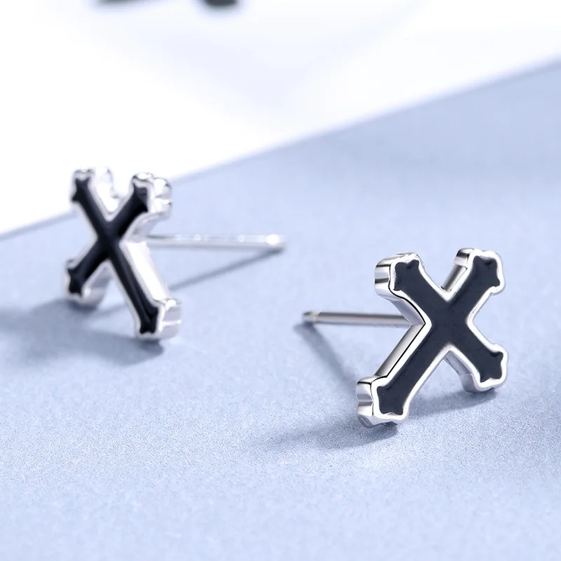 KOFSAC New Personality Vintage Black Cross Studs Ear Jewelry 925 Sterling Silver Earrings For Women Anniversary Accessories Gift