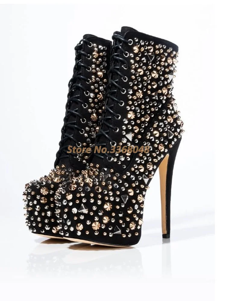 

2020 New Arrivals Crystal Sparkle Booties Platform Lace up Stiletto High Heel Dress Runway Women Shoes Zipper Black Twinkle Shoe