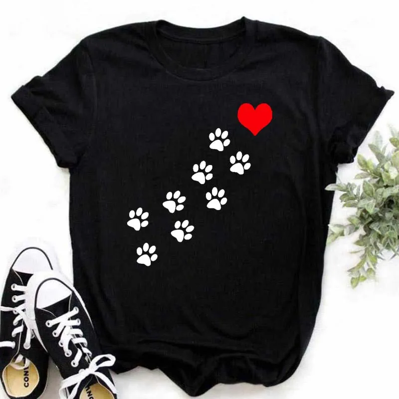 Women Dogs Paws Love Heart Printed T-shirts Fashion Summer Short Sleeve Lady Womens Clothes Tops T-Shirt Black Shirt Tees Female
