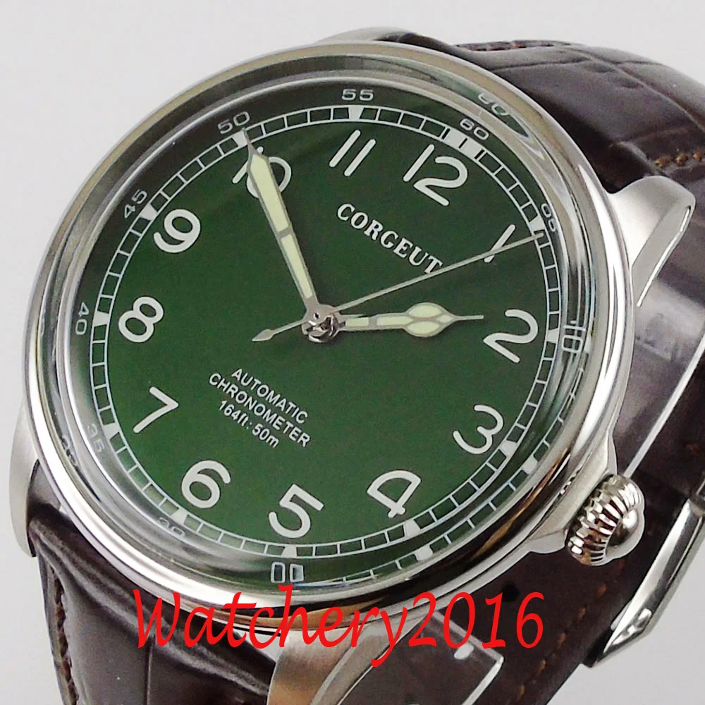 CORGEUT 41mm Green Dial Luminous Movement Automatic Mens Watch  Steel Case Leather strap