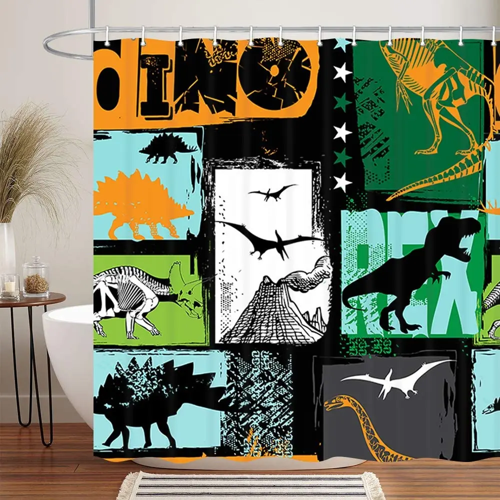 Original Shark Dino Pattern Shower Curtain Polyester Green Black Yellow Bathroom Curtain