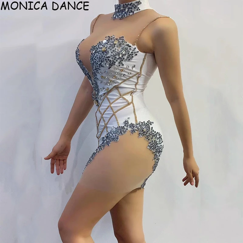 

Women Sexy Stage New Rhinestones Transparent Chest Short Dress Bar Birthday Celebrate Dress Outfit Prom Women Dance Singer Dress