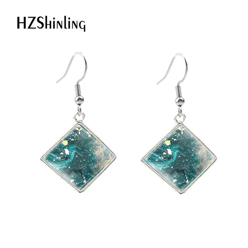 Vinage Blue Waves Star and Night Printing Rhombus Hook Earrings Dangle Drop Jewelry