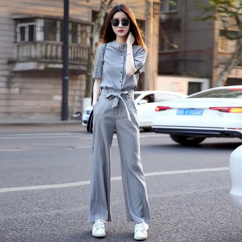 Shirt Wide-leg Pants Suit Women's Summer New Temperament Large Size Fashion Casual Short Sleeve Shirt And Trousers Two Piece Set