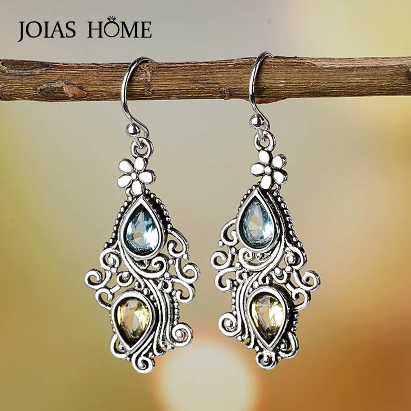 JoiasHome 925 Earrings Vintage Ethnic Blue Sea Topaz Creative Passion Flower Water Drop Pear Shaped Earrings