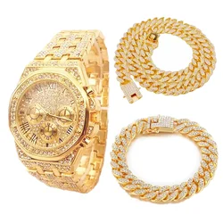 Reloj de Hip Hop para hombre, con diamantes de imitación incrustados, cadena cubana de Miami Curb, CZ, collares de rapero ostentosos, 1 Juego, 3 piezas, 12MM