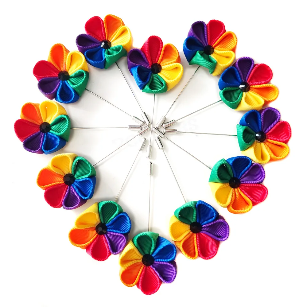 12 Pieces LGBT Brooch Gay Lesbian Wedding Corsage Badge With Rainbow Flower Handmade Manual Pride March Party Pin