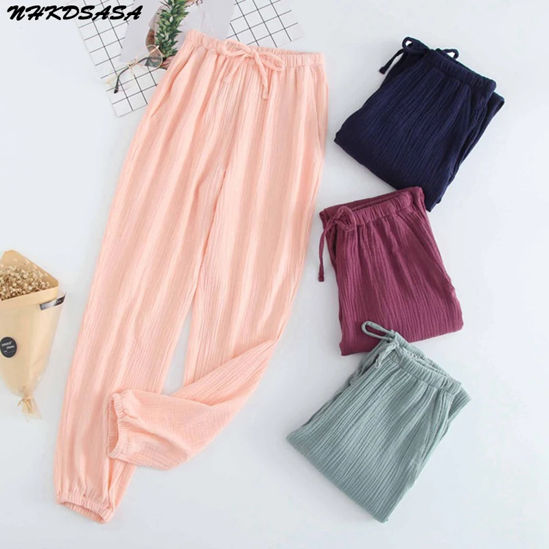 NHKDSASA Japanese Pajamas Men And Women Home Pants Cotton Washed Double Gauze Loose Comfortable Trousers Casual Pants