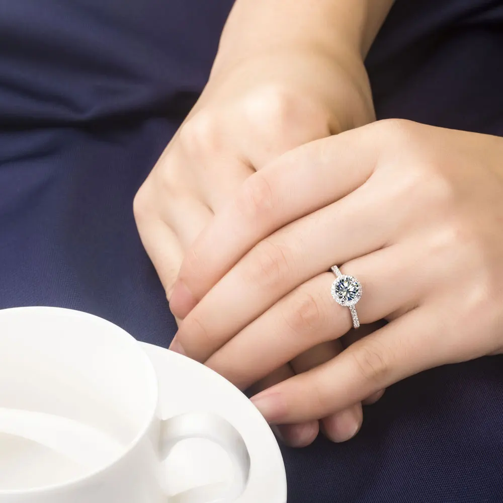 Test positiv echtes Weißgold AU585 Ring 1CT Moissanit Schmuck Jahrestag Schmuck Ring Halo Verlobung für Frauen – Detail 10