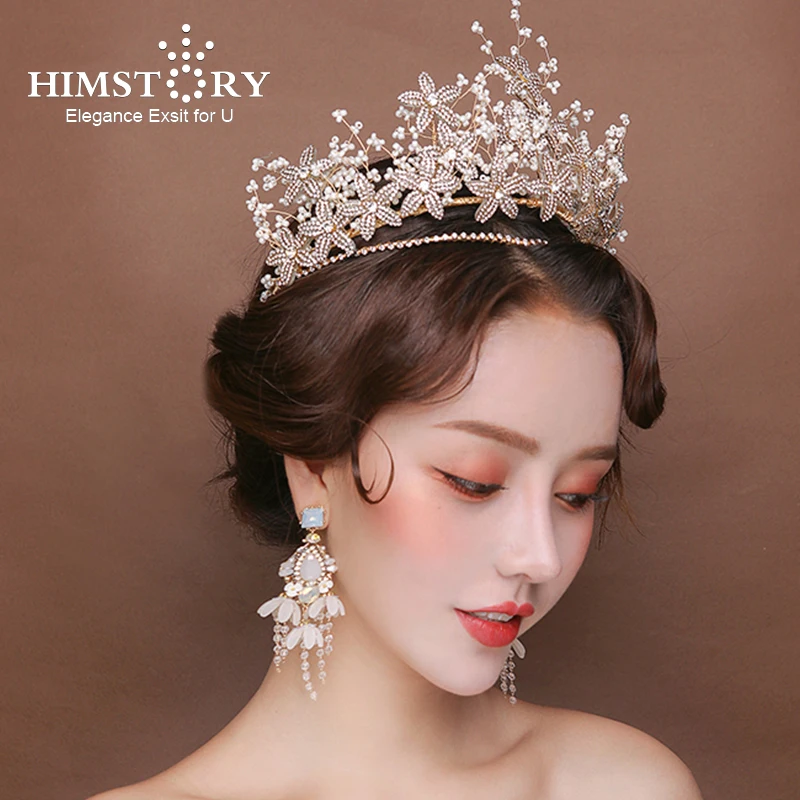 Himstory European  Brides Tiaras Crowns Handmade Oversize Brides Headpieces Wedding Headbands Accessory Evening Hair Jewelry