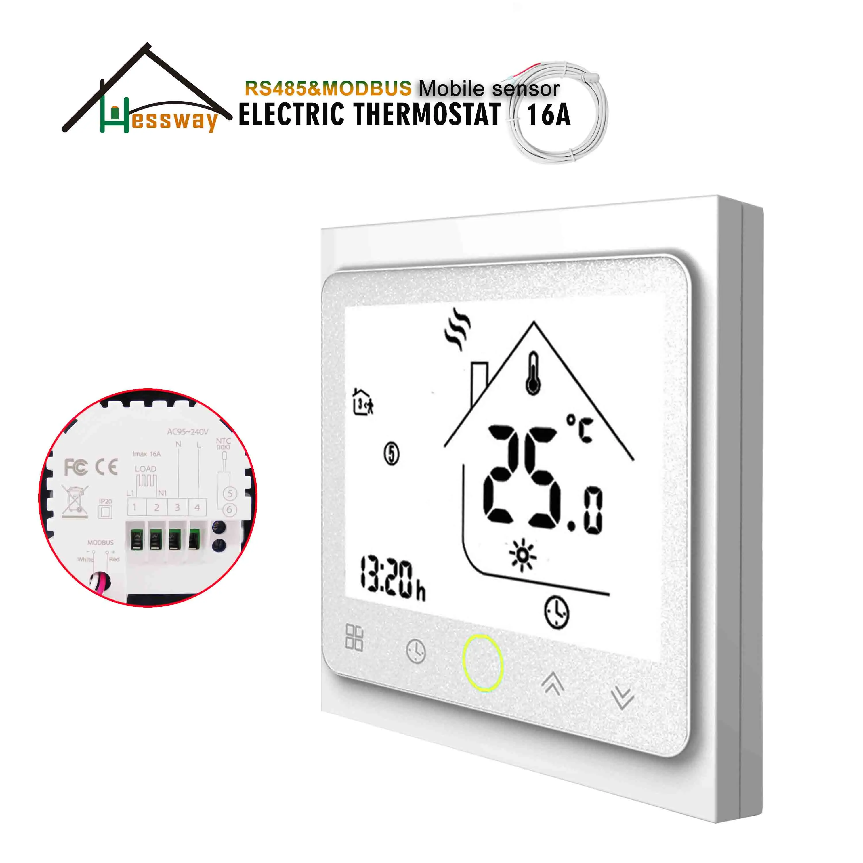 HESSWAY-controlador de temperatura eléctrico de doble Sensor, 24V, 95-250VAC, 16A, para termostato RS485, protocolo Modbus, operación remota