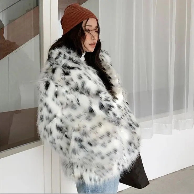 

9Xl Women Turn Down Collar Printing Imitation Fur Jackets Oversized Female Warm Female Fake Fur Outwears Winter Coat Women J3244