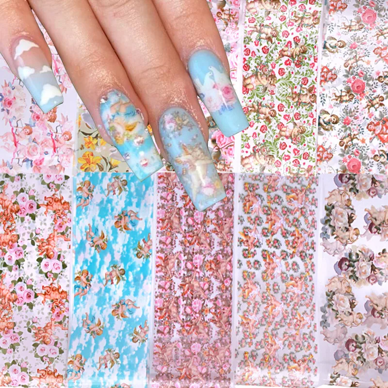 10 Pcs Nail Art Stickers 10-color Color Transfer Sticker Classic Natural Flower Rose Set Star Glue Transfer Nail Art Decorations