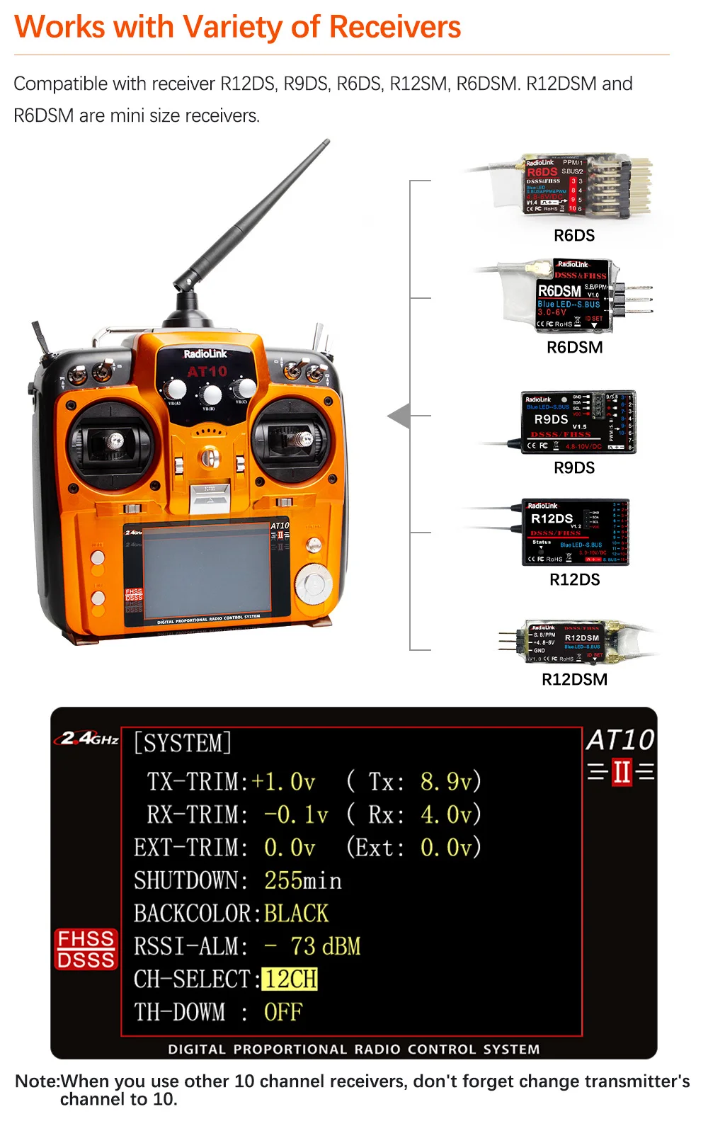 Radiolink AT10II 2,4GHz 12-Kanal RC-Sender und Empfänger R12DS AT10 II PRM-01 Spannungsrückmeldung für RC-Drohne Flugzeug Quadcopter – Detail 12