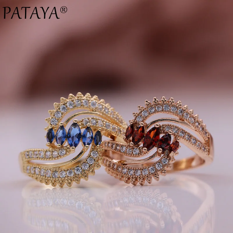 PATAYA New Micro Wax Inlay Horse Eye Blue Natural Zircon Women Ring 585 Rose Gold Color Geometric Fashion Jewelry Metal Rings