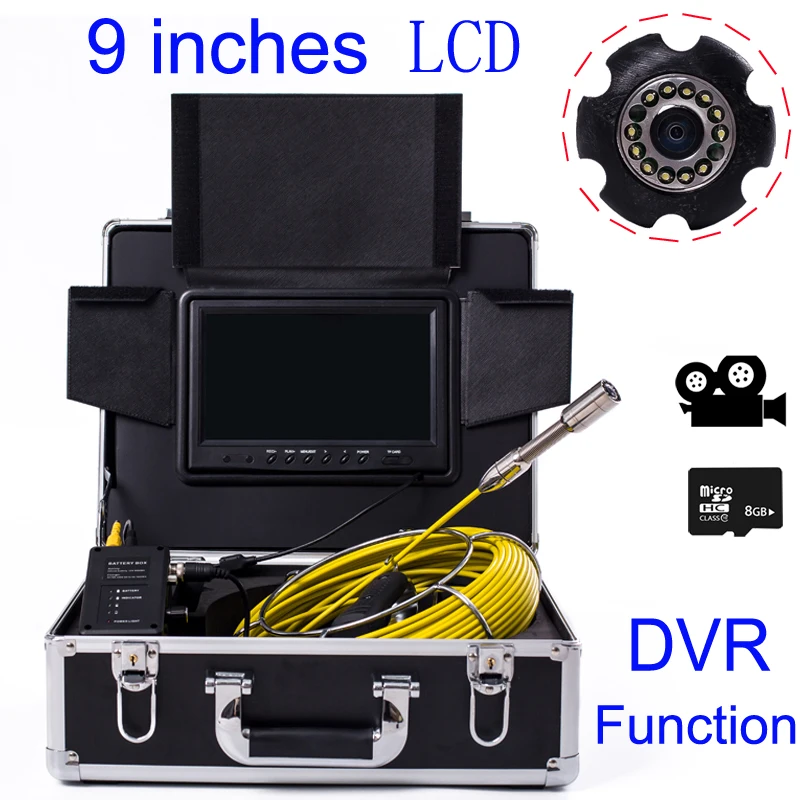 

9'' LCD Industrial Camera Inspection Drain Pipe Sewer Endoscope System With DVR Video Recorder 23mm Lens 20m Cable 12PCS LEDS