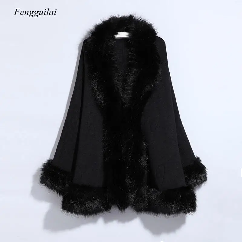 Winter Fur Coat Women Cape  Crochet Poncho Autumn Winter Faux Fur Cape Coat Warm Outwear Black