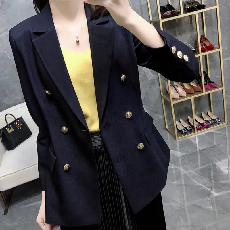 Blazer Desainer Fashion Baru Musim Semi Blazer Panjang Wanita Kancing Metal Berkancing Dua Baris Lengan Panjang Pakaian Luar Ukuran Plus 5XL