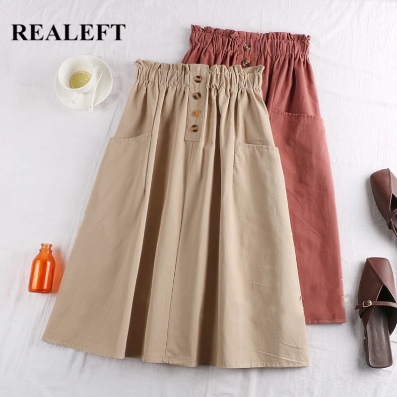 

REALEFT Spring Summer A-Line Skirts for Women 2021 New Solid Color Elastic High Waist Casual Pockets Mid-length Skirt Female