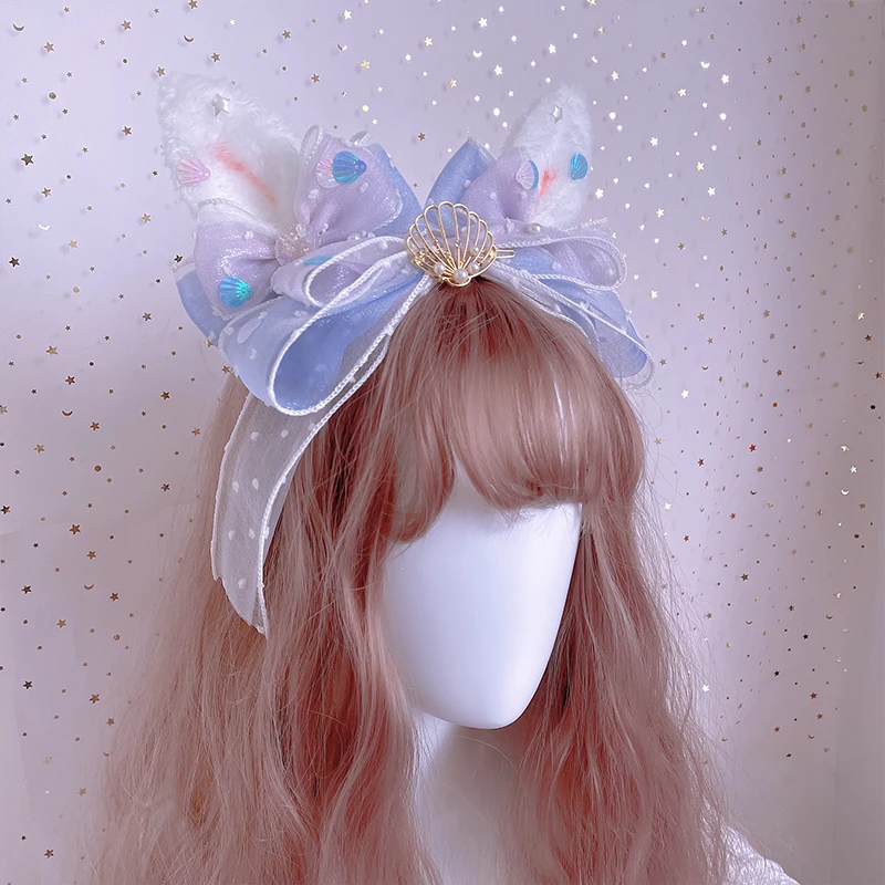 Ocean Shell Jellyfish Original Lolita Bow KC Hair Accessories Sweet Girl Headdress Silk Yarn Side Clip