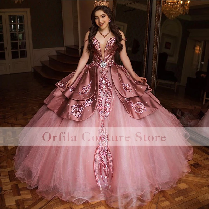 Rose Rosa Ballkleid Quinceanera Kleider Pailletten Süße 16 Kleid Party Tragen Prinzessin Kleider Xv Años Vestidos De 15 Años