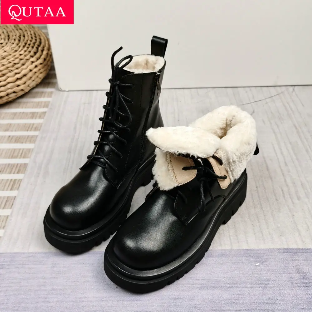 QUTAA 2022 Women Motorcycle Boots Winter Warm Plus Plush Round Toe Genuine Leather Shoes Plush Lace Up Ankle Boots Size 34-43