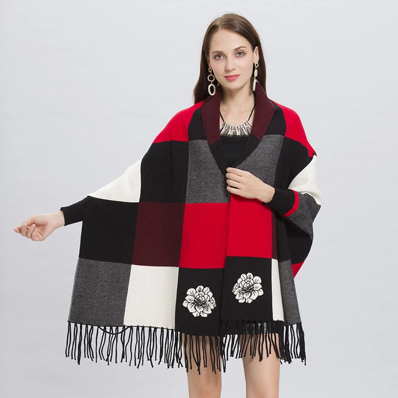 

Fashion Winter Autumn Loose Floral Knitted Thickening Plus Size Ponchos Pashmina Shawl Cashmere Plaid Women's Cape Wraps