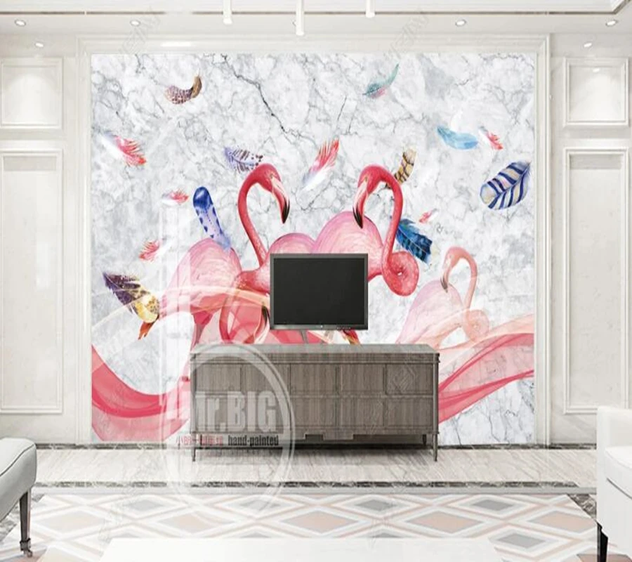 

Papel de parede Modern marbled flamingo feathers flying 3d wallpaper,bedroom KTV bar mural wall decor