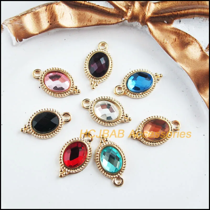 16Pcs Gold Plated Retro Oval Flower Mixed Crystal Charms Pendants 9x17mm