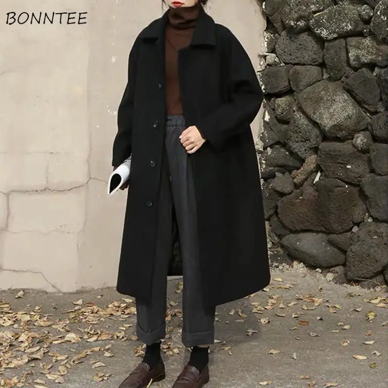 Women Wool Blends Long Coat Thickening Casual Fashion Warm All-match Single Breasted Slim Overcoat Turn-down Collar Classic Chic