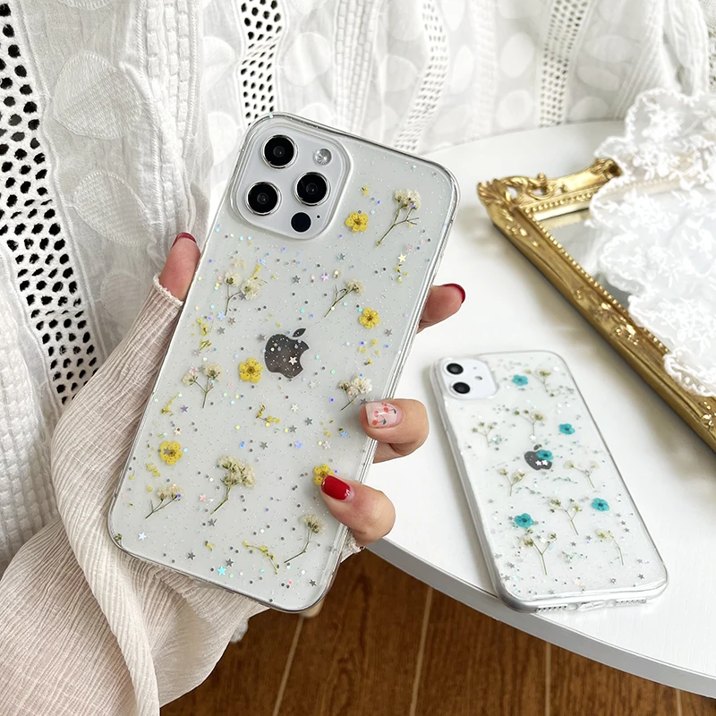 Qianliyao Real Dry Flower Glitter Clear Phone Case For iPhone 16 15 14 13 12 11 Pro Max 7 8 Plus X XR XS Max Soft SE 2 Cover