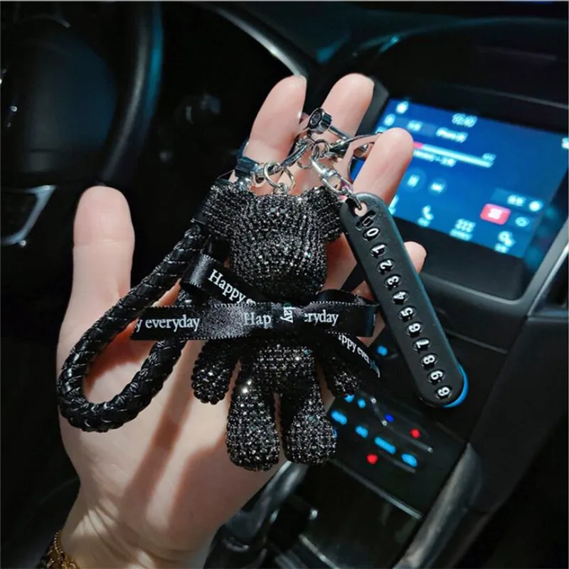 

Diamond Bear Car Keychain Anti-lost Mobile Phone Number Plate Car Keychain Pendant Car Key Ring Pendant