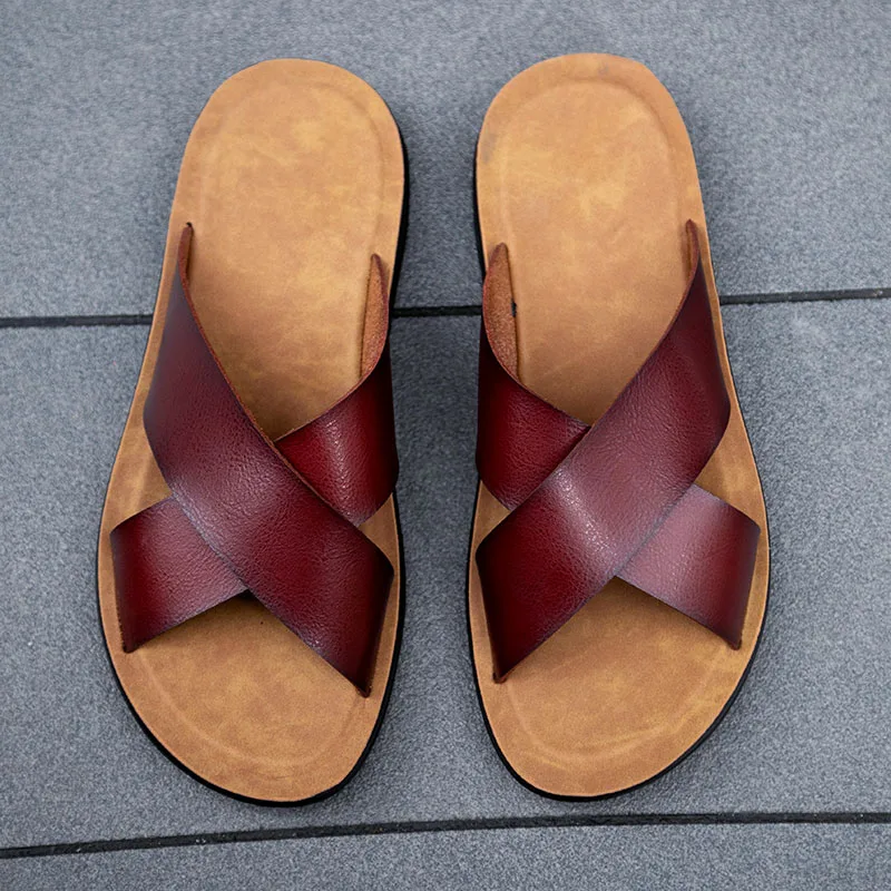 SHEN CE Summer Sandals Men Leather Classic Roman Open-toed Slipper Outdoor Beach Rubber Summer Shoes Flip Flop Water Sandals