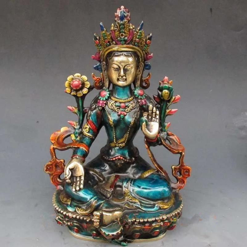 

Antique bronze Pure Copper Old Brass China hand-carved cloisonne buddhist statue of Buddha green tara