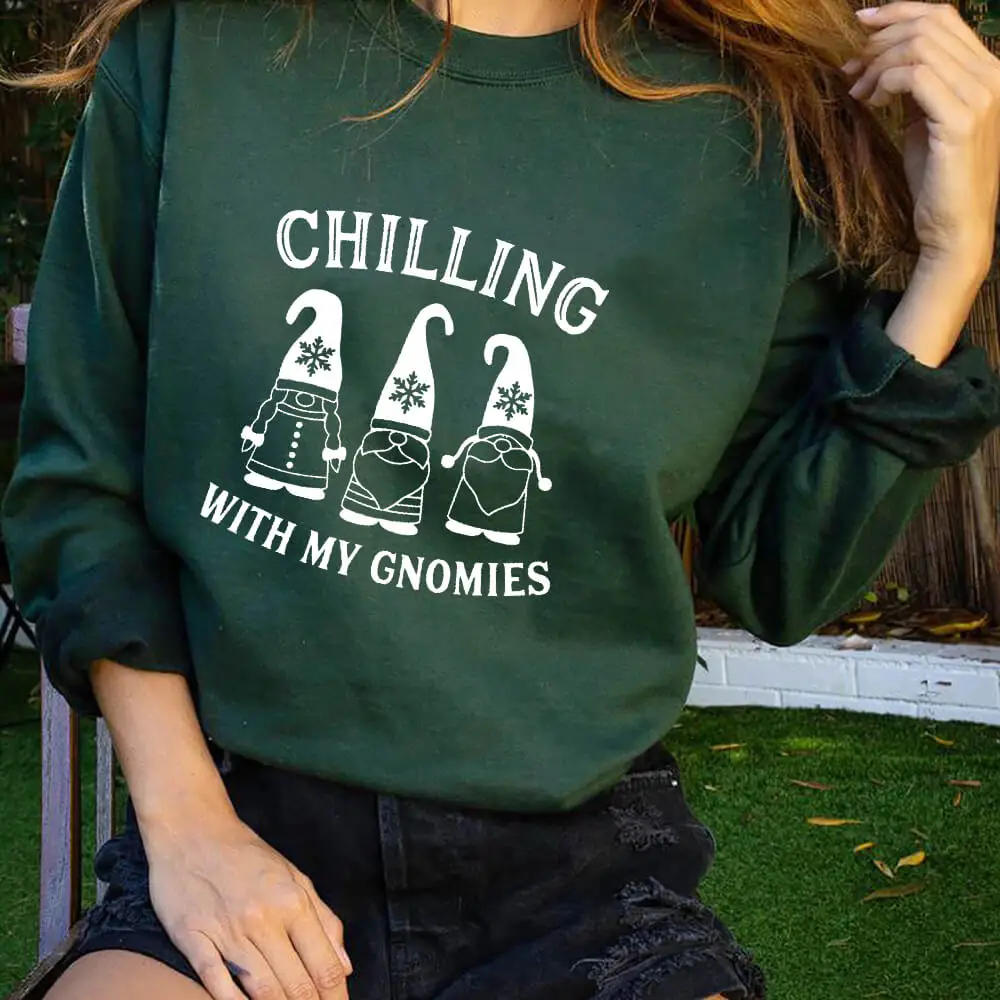 

Chilling Gnomies Graphic Christmas Sweatshirt New Arrival Funny Casual 100%Cotton Long Sleeve Tops Christmas Gift Tops