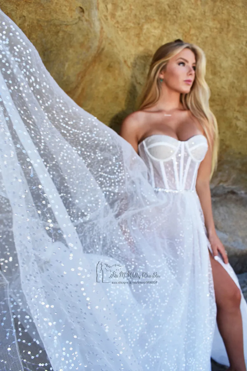 Vestido de novia blanco puro con lentejuelas y aberturas laterales, ropa de novia China, Sexy, para playa, 2021