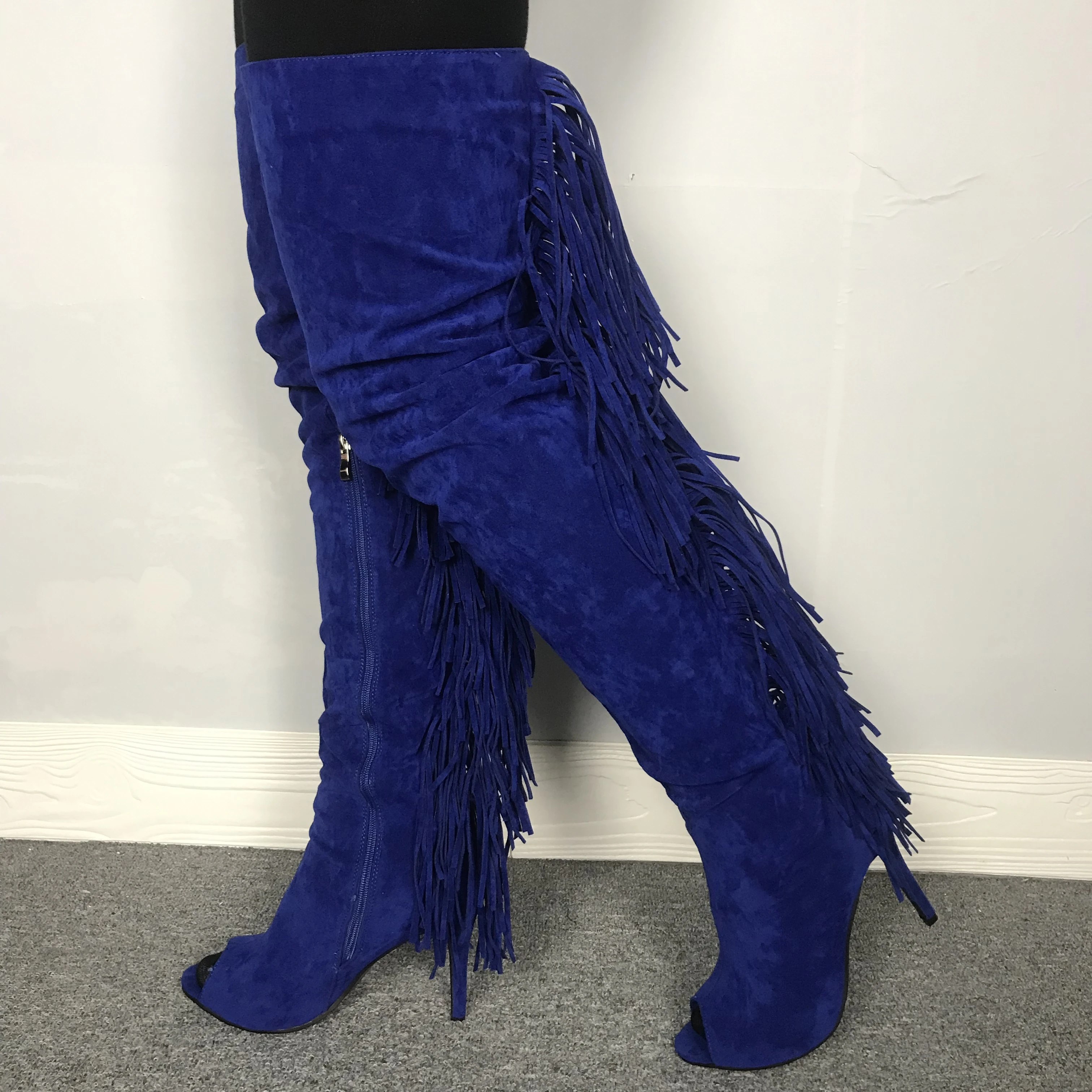 

Blue suede boots women vintage fringe tassels stiefel open toe knee high gladiator boot leather female booties high heelsD885