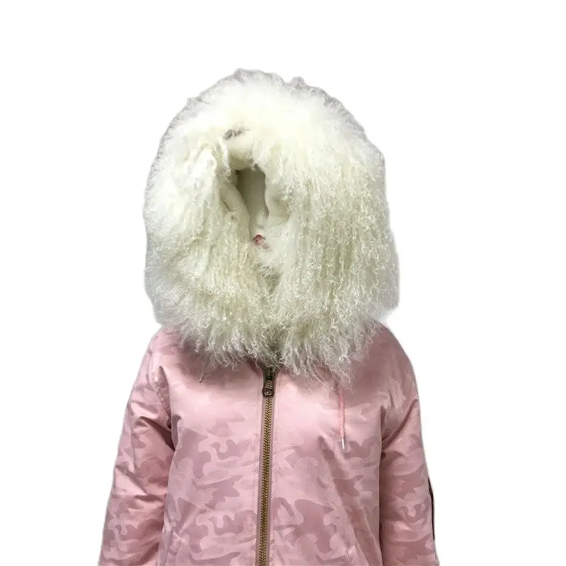 Pink Camouflage Short Jacket For Women White Real Lamb Fur Collar Sleeve Side Zipper S-4XL Faux Fur Lining Coat