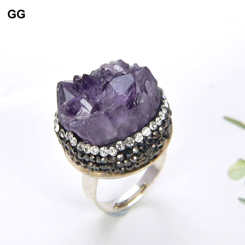 

GuaiGuai Jewelry Natural Purple Amethysts Druzy Trimmed With Macarsite Stone Rings For Women