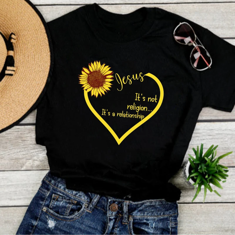 

Colored It's Not A Religion It's A Relationship T-shirt Funny Sunflower Heart Graphic Tees Tops Women Religious Christian Tshirt