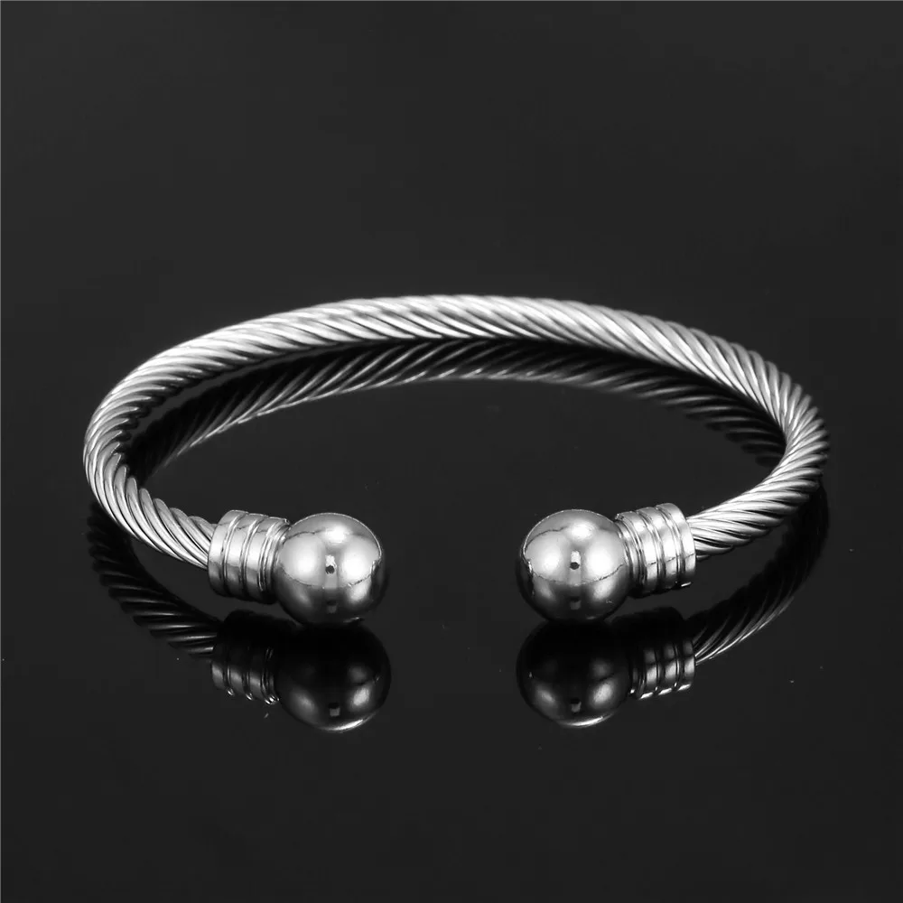 New Titanium Steel Charm Ball Open Cuff Bangle Women Bracelet Stainless Steel Gold Color Wire Rope Women Bangle Fashion Jewelry