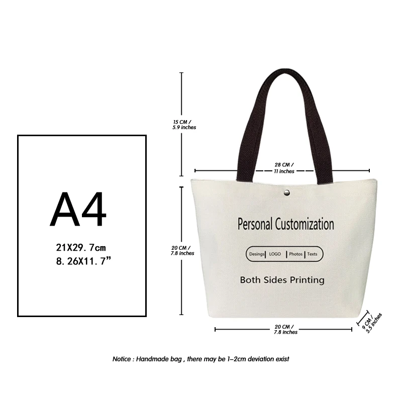 Personal Customizable Women Canvas Handbag Tote Bags DIY Text Photo Designs Custom Travel Shopper Bag Teacher Kids Wedding Gift