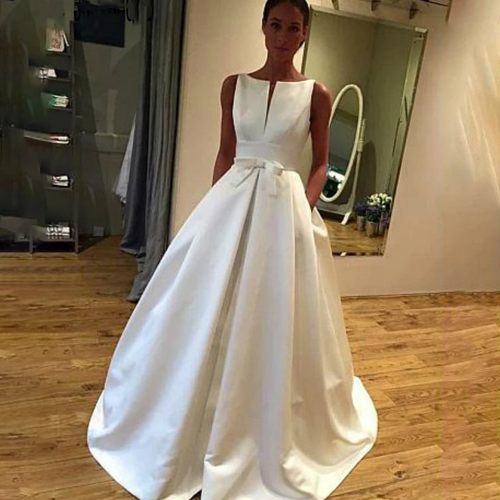 MYYBLE 2023 Modern Wedding Dresses O Neck Bow Sashes With Pockets Draped Wedding Gowns Backless Bridal Dresses vestido de noiva