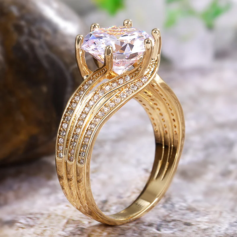 Huitan Gorgeous Solitaire 12MM Cubic Zirconia Bridal Wedding Rings Gold Color Engagement Party Brilliant Women Fashion Jewelry